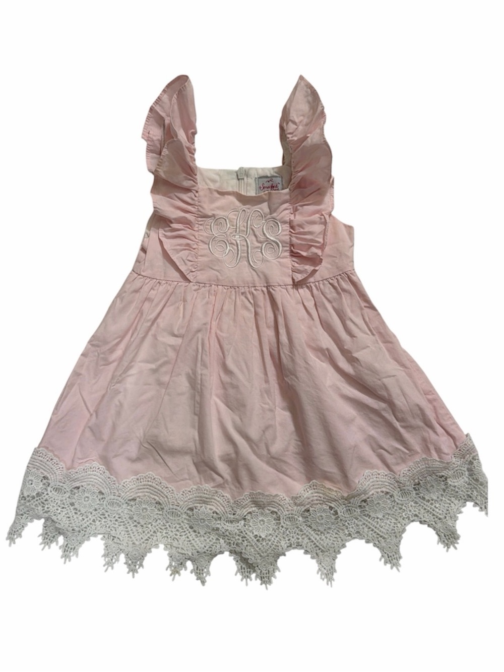 Girls Pink Ruffle Crochet-Hem Dress monogram EKS